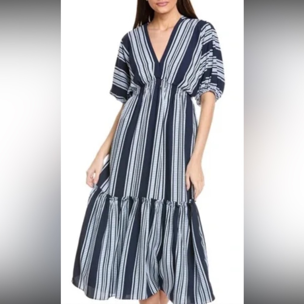 50%off w❤️ Taylor Dolman Striped Blue White Sleeved Midi Dress V Neck Cocktail 4